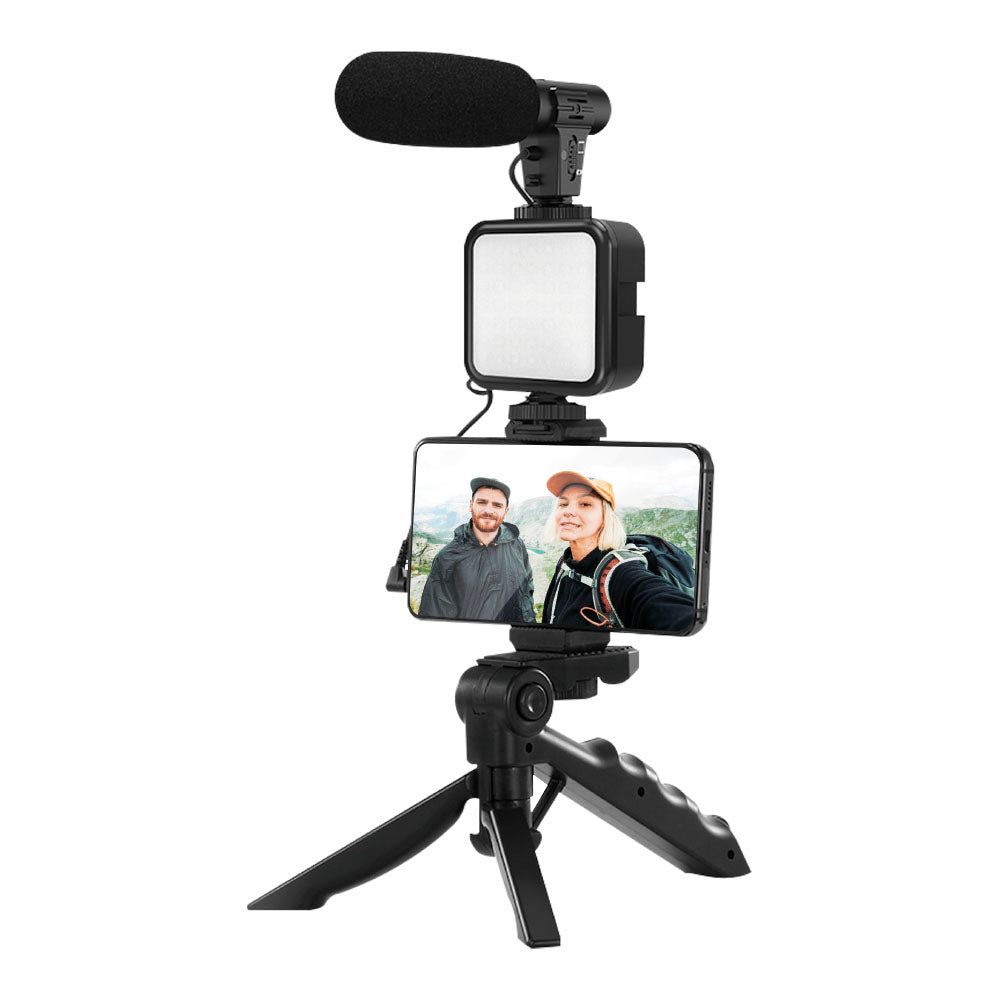 SPV-0002 set de 3 en 1 para vloggers que incluye un trípode, un soporte para celular, un micrófono y una luz LED